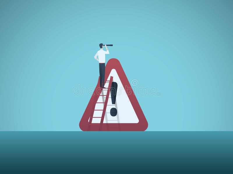 Business risk or danger warning with businessman and big sign. Symbol of recession, bankruptcy. vector illustration Business risk or danger warning with businessman and big sign. Symbol of recession, bankruptcy. vector illustration