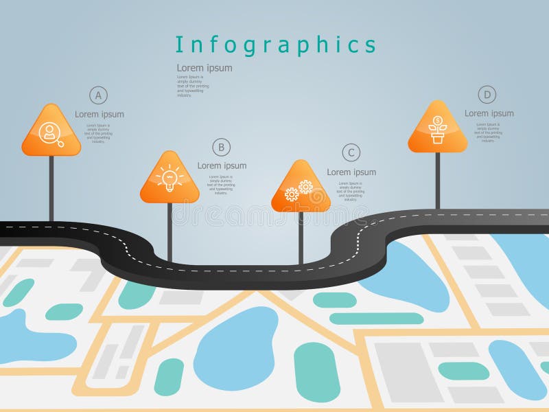 Business roadmap timeline infographics elements template with icons 4 steps or options vector illustration