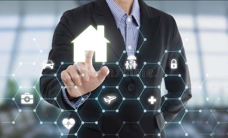 Business salesman agent hand pressing button protection home. royalty free stock image Business salesman agent hand pressing button protection home. royalty free stock image