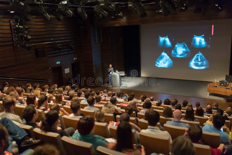 Business speaker giving a talk in conference hall.