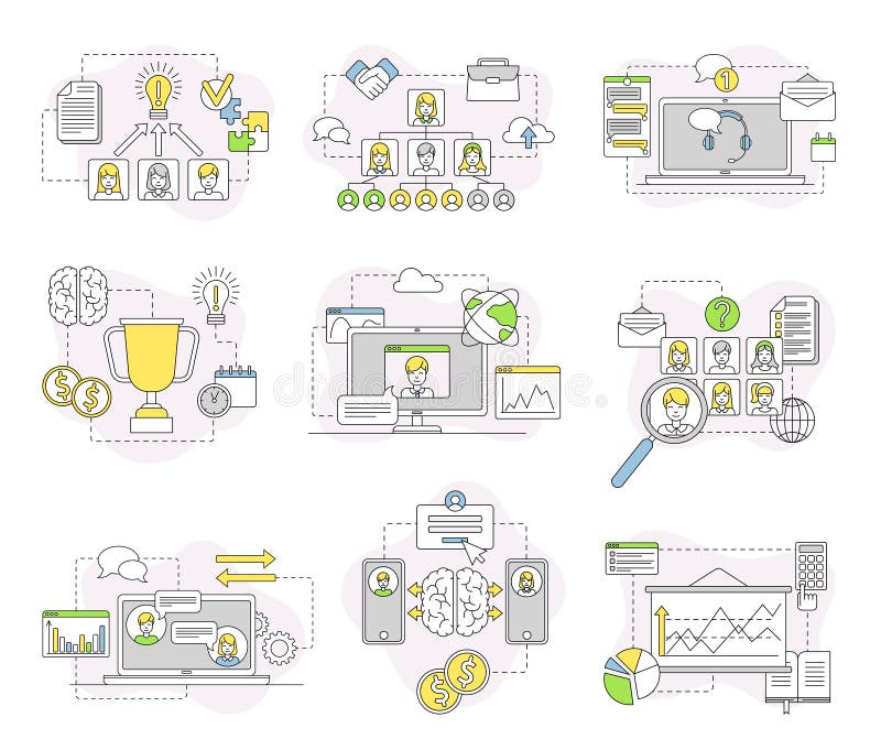 Business and Start-up Development with Chart and Analytics Line Vector Composition Set vector illustration