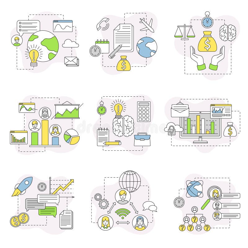 Business and Start-up Development with Chart and Analytics Line Vector Composition Set royalty free illustration