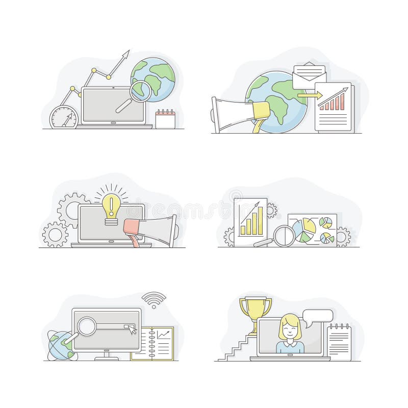 Business strategy, communication, motivation, brainstorming linear symbols set vector illustration isolated on white