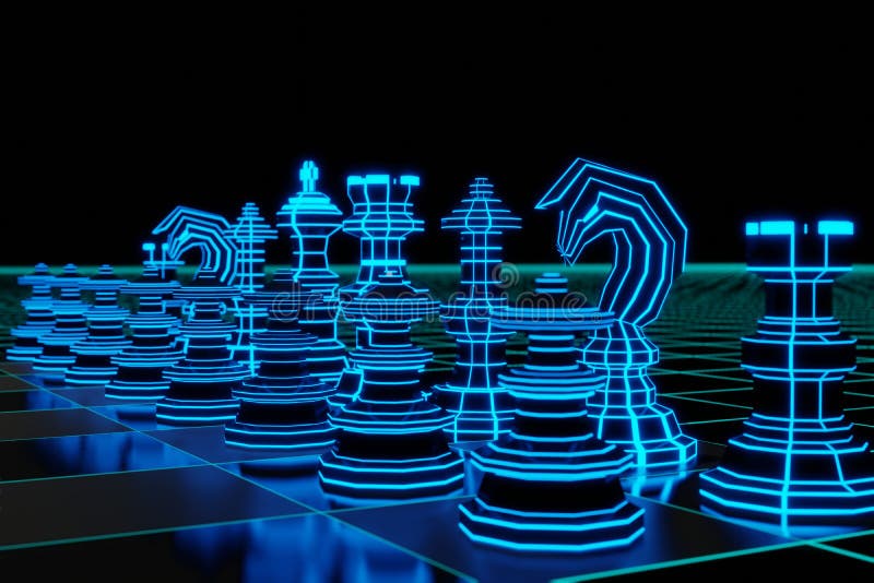 Business strategy ideas futuristic glowing neon Chess board game 3D rendering vector illustration