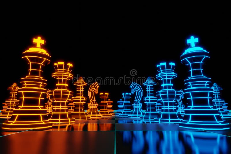 Business strategy ideas futuristic glowing neon Chess board game 3D rendering vector illustration