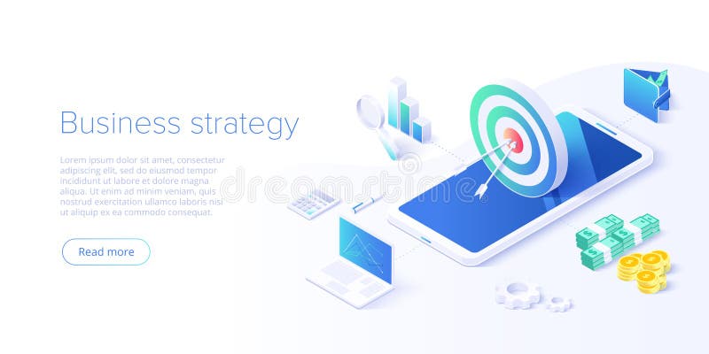 Business strategy isometric vector illustration. Data analytics for company marketing solutions or financial performance. Budget vector illustration Business strategy isometric vector illustration. Data analytics for company marketing solutions or financial performance. Budget vector illustration