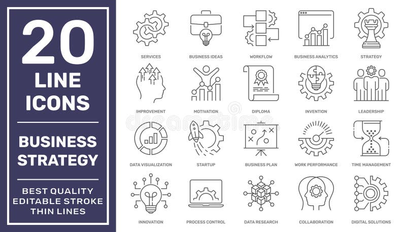 Business Strategy Line Icons. The set contains icons: Business Strategy, Solution, Briefcase, Workflow, Startup stock illustration