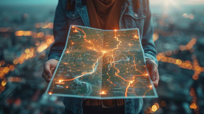 Business Strategy Navigation: Digital Map with Glowing Routes for Success Visualization stock photo