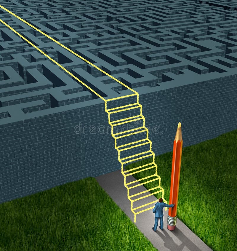 Business strategy solutions as a concept for financial planning to overcome a confusing maze or labyrinth with new thinking as a businessman holding a pencil creating a drawing of a stairway bridge over the obstacle.