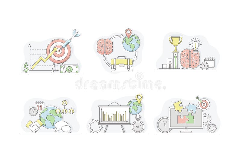 Business strategy, start up, motivation, brainstorming linear symbols set vector illustration vector illustration