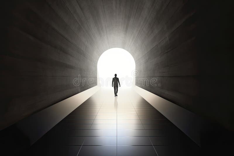 Business success and life in motion concept with man walking towards the light from wall hole in the middle of a huge dark hall