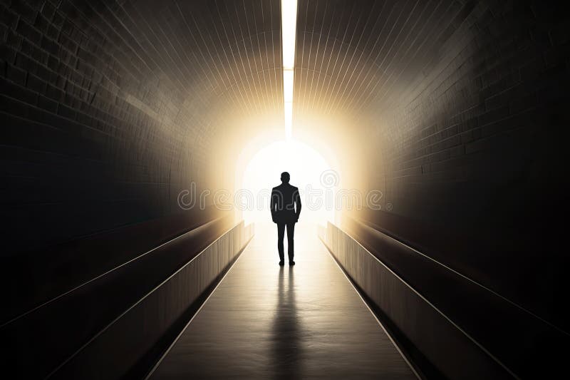 Business success and life in motion concept with man walking towards the light from wall hole in the middle of a huge dark hall