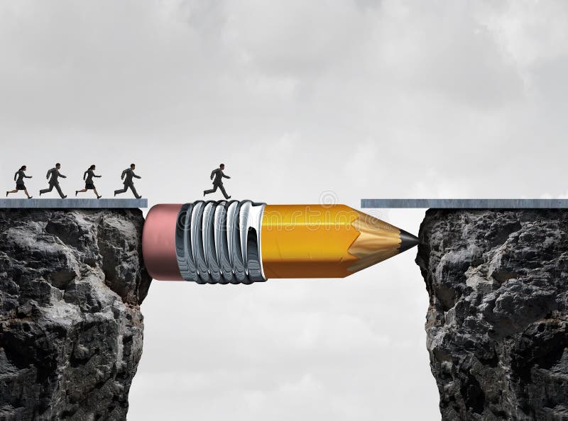 Business success symbol and conquering adversity as a group of people running from one cliff to another with the help of a pencil acting as a bridge in a concept for bridging the gap to achieve a goal.