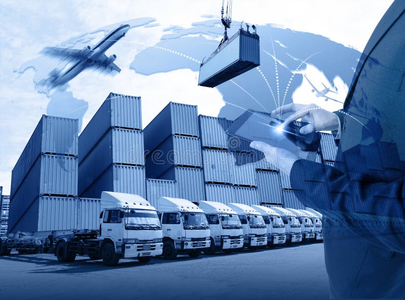 Business with tablet of worldwide cargo transport or global business commerce concept or import-export commercial logistic