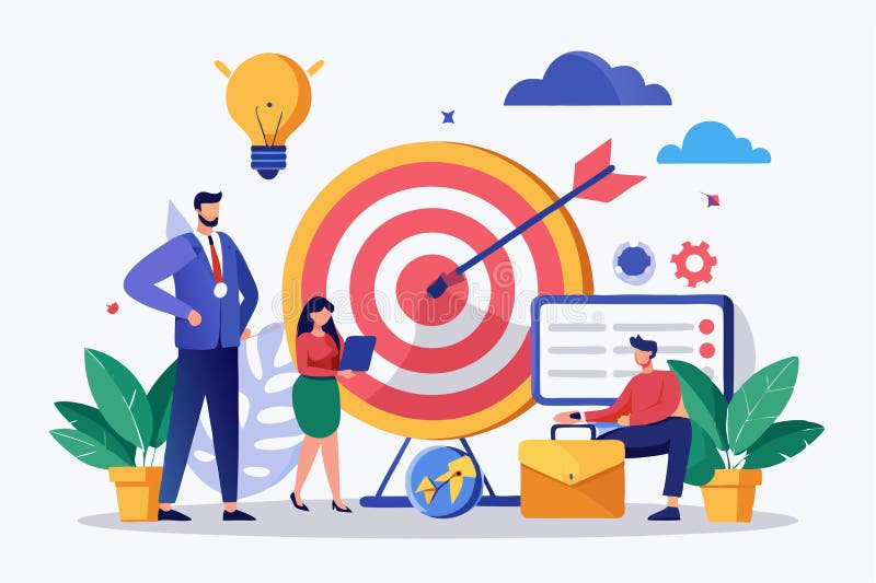 Business targeting strategy concept with professionals collaborating around a target and planning tools in a modern workspace royalty free illustration