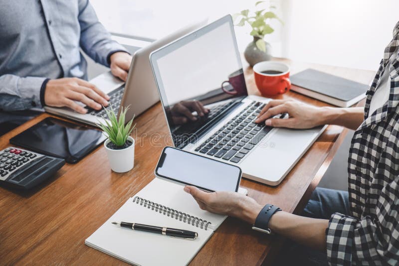 Business team casual collaboration discussing working analysis with financial data and marketing growth report graph in team stock images
