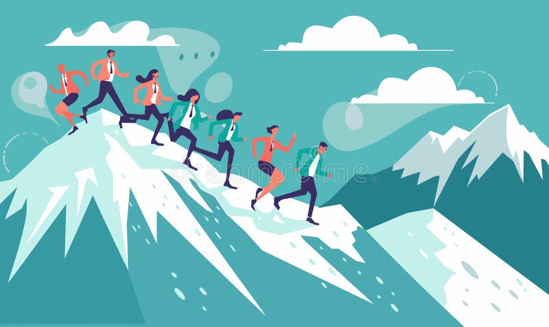 Business team climbs mountain, illustrating teamwork, challenge, goals. Diverse group men women vector illustration