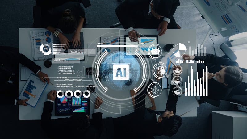 Business team collaborating on data analysis and artificial intelligence strategy with futuristic data visualization stock photography
