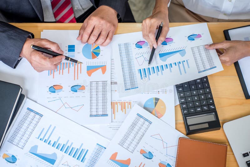 Business team consultant working with new startup growth project plan and discussion analyzing for financial strategy statistics stock images
