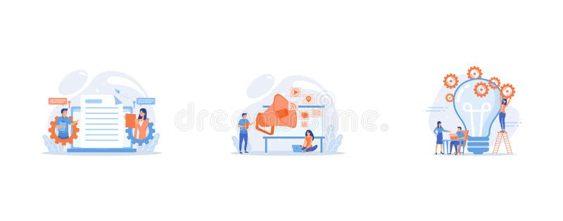 Business team editing shared document on laptop online, Marketing team work and huge megaphone with media icons, Business team vector illustration