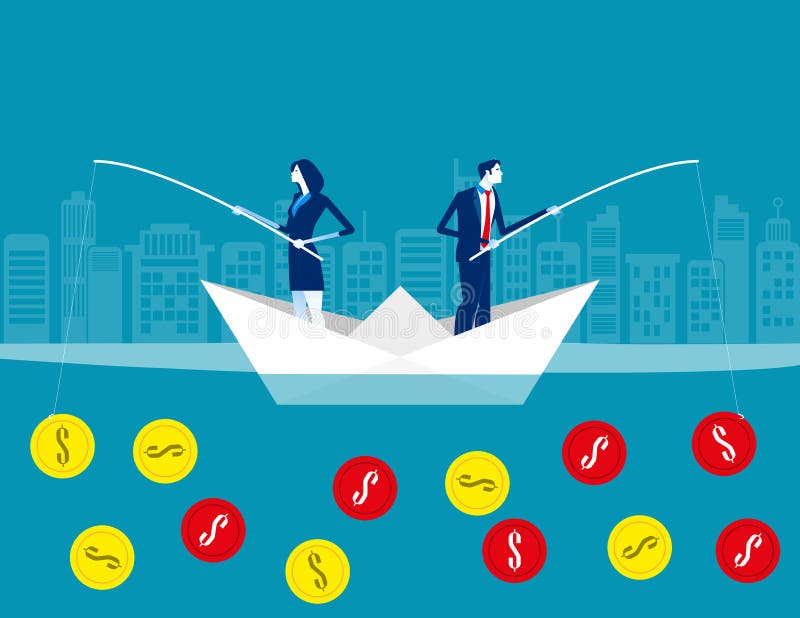 Business team fishing coins. Concept business currency vector illustration, Flat business character, Cartoon style design