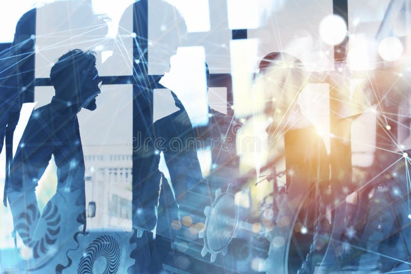 Business team with gears system. Teamwork, partnership and integration concept with network effect. double exposure stock photo