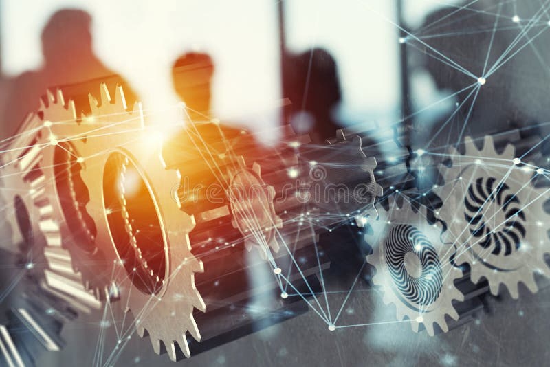 Business team with gears system. Teamwork, partnership and integration concept with network effect. double exposure royalty free stock image