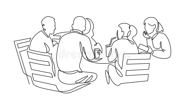 Business team meeting continuous line drawing. Friends in cafe contour vector illustration.