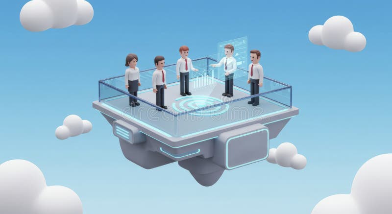 Business Team Meeting on Floating Platform med Data Display i Sky royaltyfri illustrationer