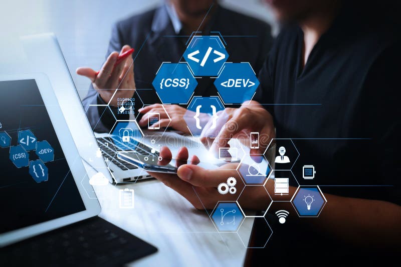 Coding software developer work with augmented reality dashboard computer icons of scrum agile development and code fork and versioning with responsive cybersecurity. Business team meeting. Coding program data stock images, royalty-free photos and pictures