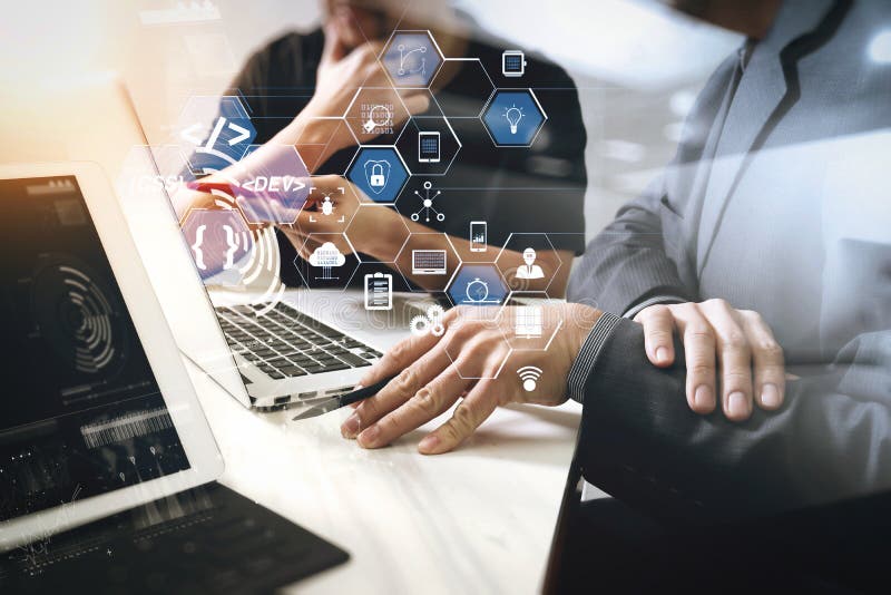 Coding software developer work with augmented reality dashboard computer icons of scrum agile development and code fork and versioning with responsive cybersecurity. Business team meeting. Coding program data stock images, royalty-free photos and pictures