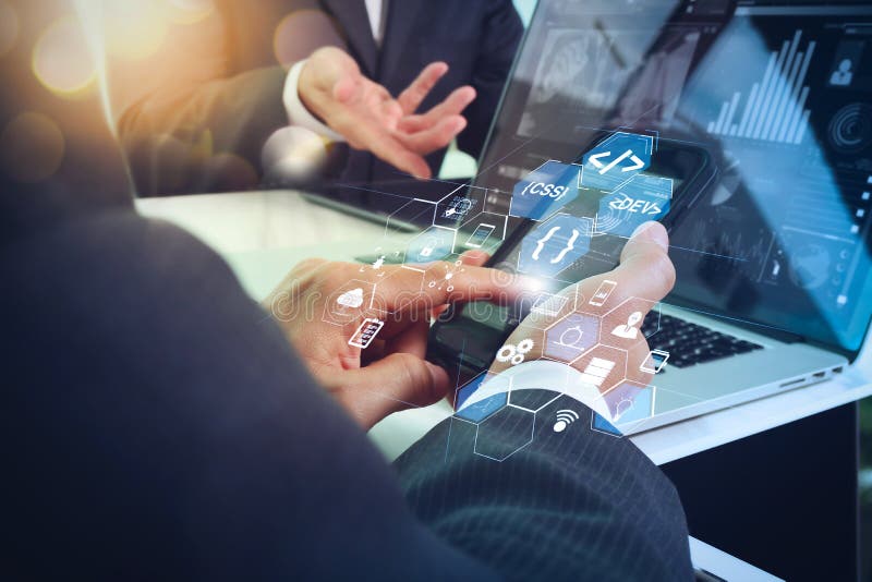 Coding software developer work with augmented reality dashboard computer icons of scrum agile development and code fork and versioning with responsive cybersecurity. Business team meeting present. Coding program data stock images, royalty-free photos and pictures