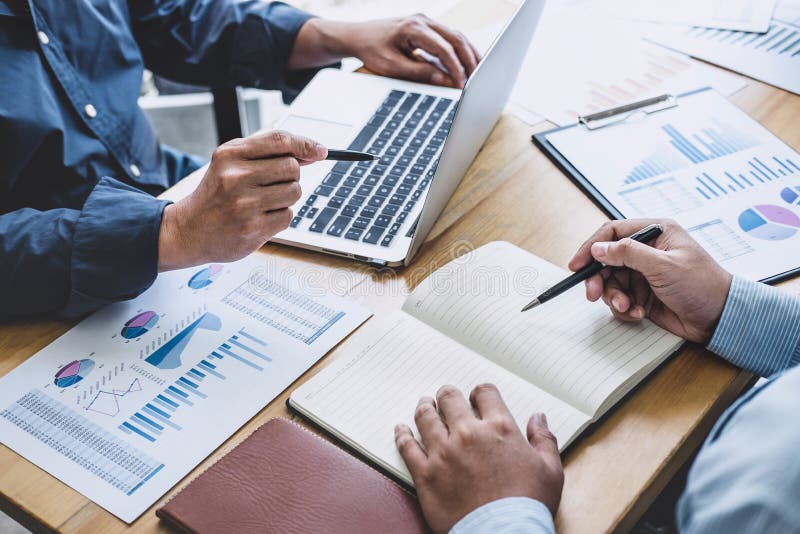 Business team meeting to conference, collaboration discussing working analyzing with financial data and marketing business royalty free stock photo