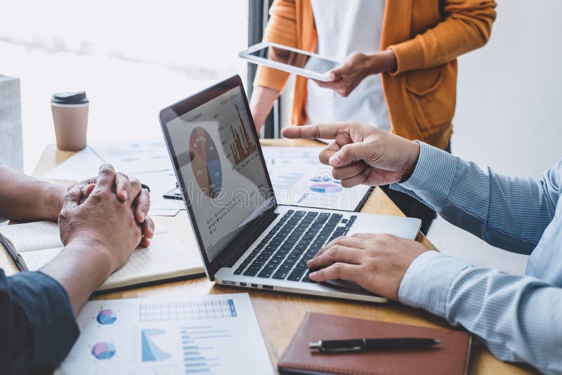 Business team meeting to conference, collaboration discussing working analyzing with financial data and marketing business stock photography