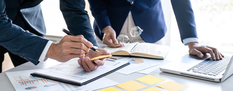 Business team meeting to conference, collaboration discussing working analyzing with financial data and marketing business stock photo