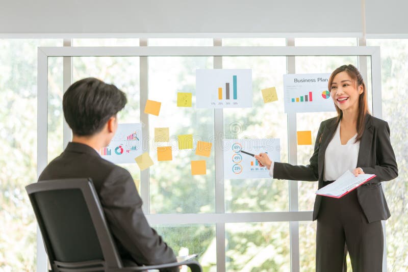 Business team is presenting on a glass board in a business team marketing meeting stock photos