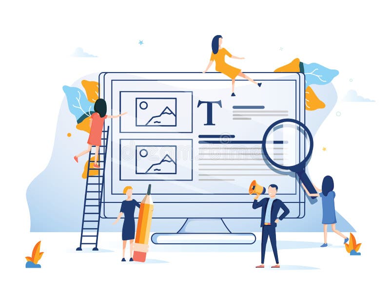 Business team presenting a website flat design style colorful illustration. Background computer internet technology. stock illustration