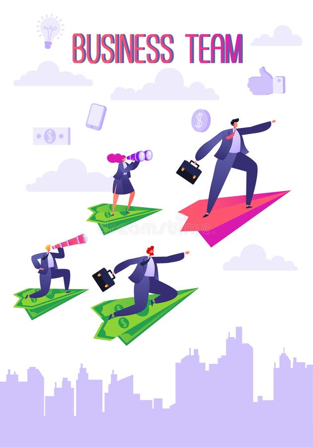 Business team voncept. Businessman and woman flying on paper planes. vector illustration Business team voncept. Businessman and woman flying on paper planes. vector illustration