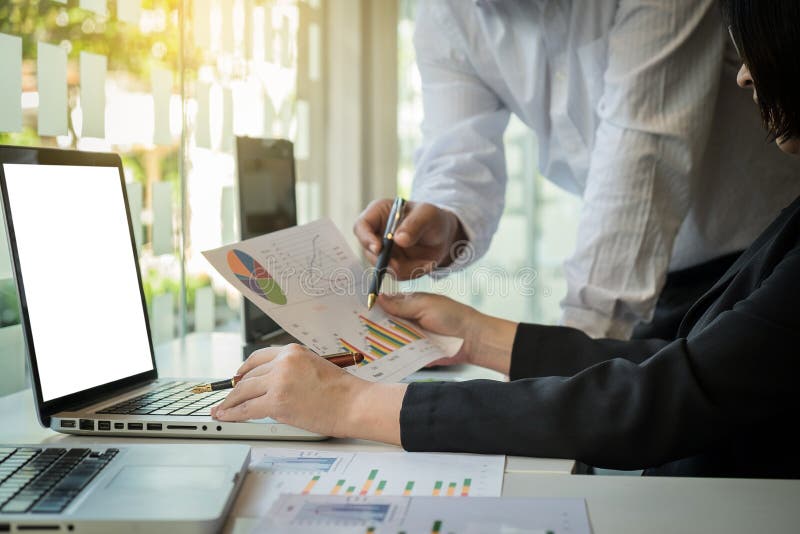 Business team working with computer, document graph in team Meet stock photography