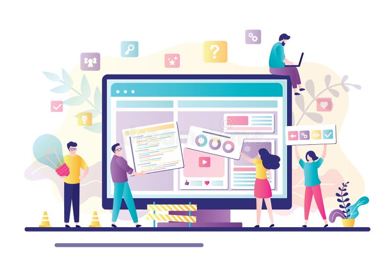 Business team working together on web page design. People building website interface on computer. Web development, teamwork stock illustration