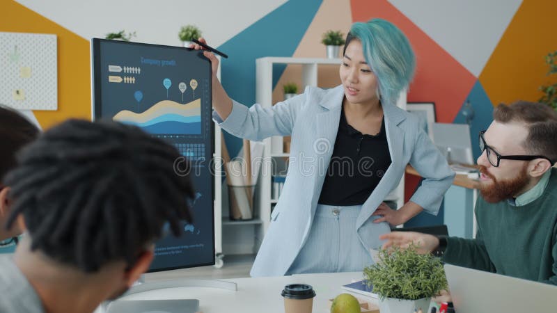 Business team of young people listening to Asian woman making presentation with electronic board