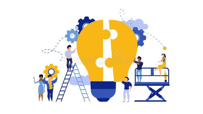 Business teamwork building lightbulb puzzle vector work illustration concept. Person businessman cooperation together jigsaw piece