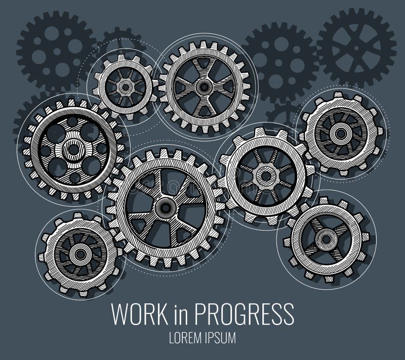 Business teamwork and communication vector concept with hand drawn gears. stock illustration