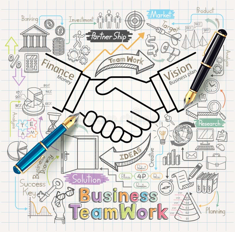 Business teamwork concept doodles icons set. vector illustration
