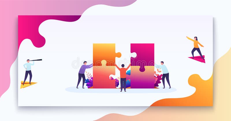 Business teamwork concept. Team of people connects parts of puzzles, purpose of thinking, business decision. Modern vector illustration concept for web design