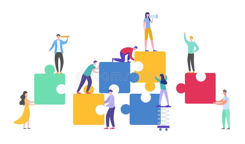 Business Teamwork Concept. Tiny Characters Connecting Puzzle Pieces. Creative Solutions, Collaboration and Partnership. With People Working Together. Vector royalty free illustration Business Teamwork Concept. Tiny Characters Connecting Puzzle Pieces. Creative Solutions, Collaboration and Partnership. With People Working Together. Vector royalty free illustration