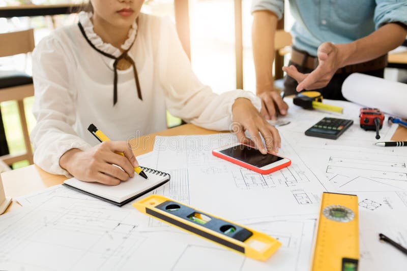 Business teamwork of engineer construction meeting. stock photo