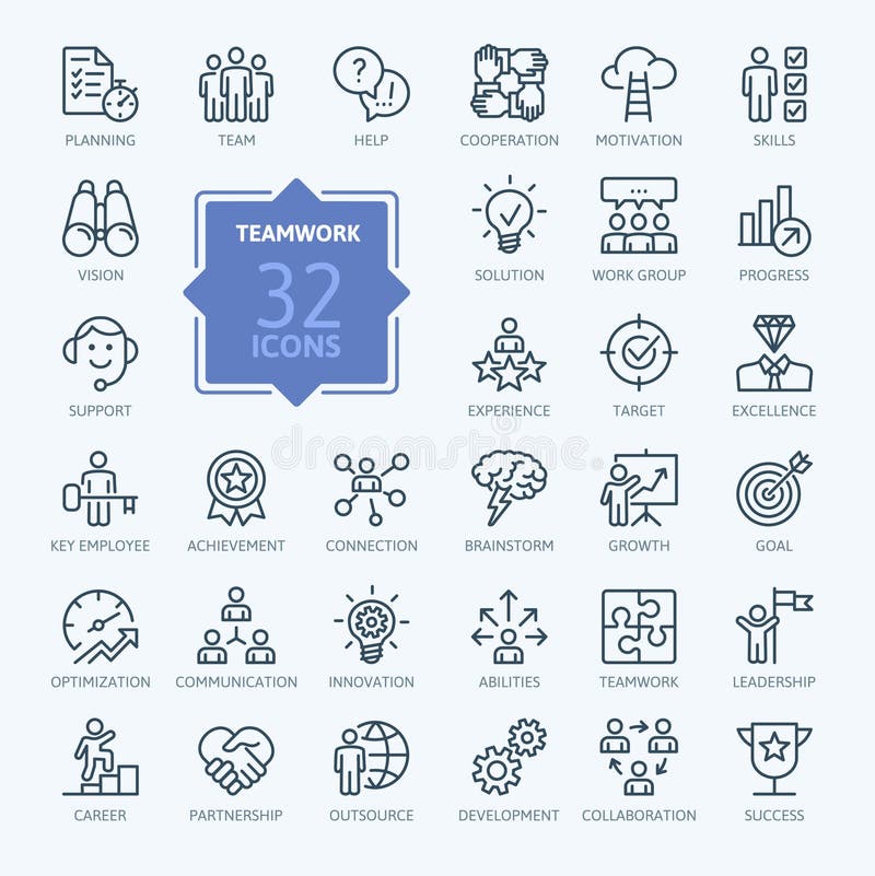 Business teamwork, team building, work group and human resources - minimal thin line web icon set. vector illustration