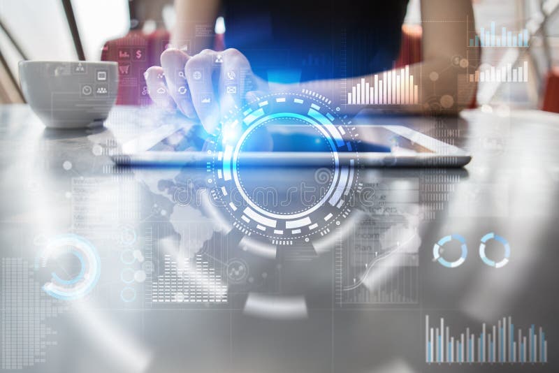 Business technology concept. Icons diagrams graphs background on virtual screen stock images