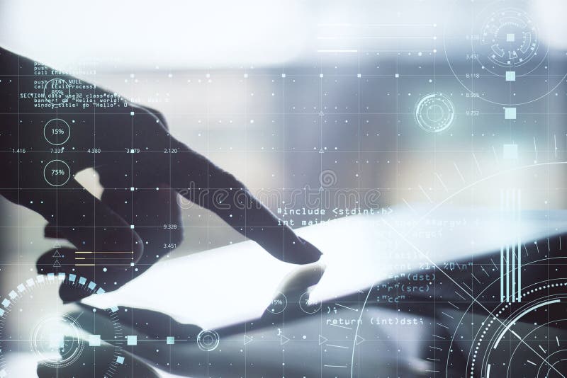Business technology concept with man finger touching tablet display and abstract digital screen with glowing programming elements. Double exposure. Glowing analytics stock images, royalty-free photos and pictures